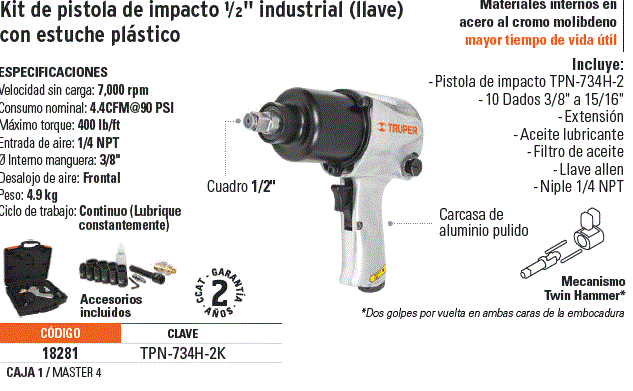 Llave de impacto neumática 1/2 , industrial, Truper, Pistolas De