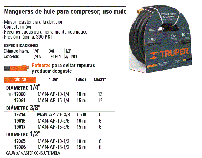 Manguera para compresor de 3/8 x 10 mts truper 19016 - Mayzap Tornillos y  Herramientas