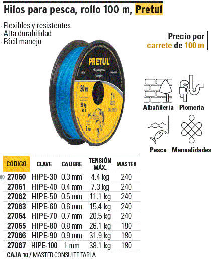 27061 / HIPE-40 TRUPER Carrete con 100 m de hilo para pesca azul