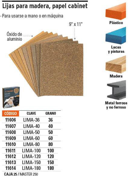 Lija para madera papel cabinet, grano 36 CODIGO- 11606