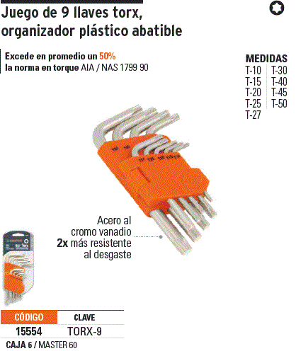 Juego de 9 llaves torx con organizador abatible, Truper, Llaves