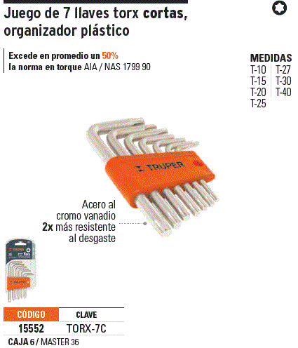 Juego de 7 llaves torx con organizador, Truper, Llaves Torx, 15552