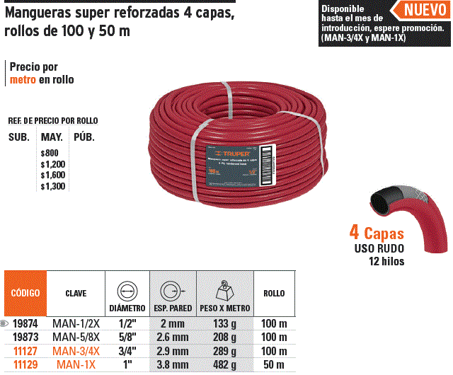 19873 / MAN-5/8X TRUPER Metro de manguera 5/8' 4 capas en rollo de 100 m,  Truper