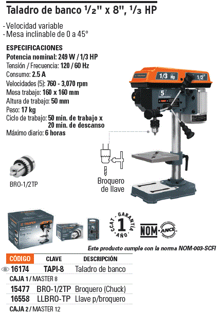 Mandril Para Taladro De Banco 1/2 Truper