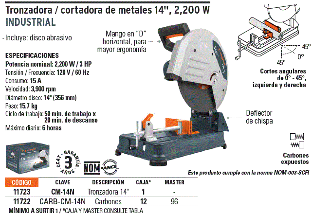 Tronzadora Cortadora de Metales Sierra Para Cortar Metal de 14 Truper  CM-14N2 de 3HP/2200W