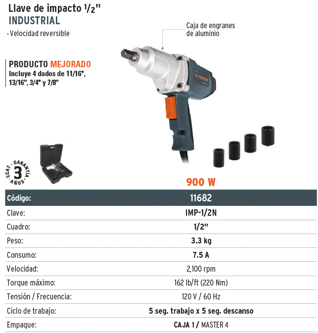 Llave de Impacto Eléctrica 1/2 de 900 W