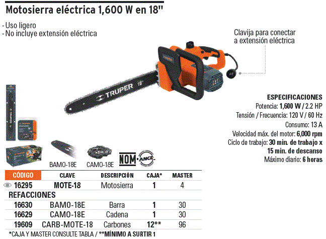 Motosierra Eléctrica 18', Truper, 16295