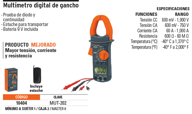 Pinza Amperimetrica Digital 600V 400A, Corriente Voltaje Resistencia  Temperatura, MUT-202 10404 Truper