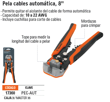 Pinza 8 pela cables automática 22 a 10 AWG Truper