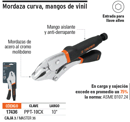 Pinza de presión mordaza recta TRUPER mango de vinil 10” Mod. PPT
