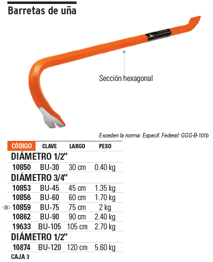 Pata de Cabra, Seccion Hexagonal, Diametro 3/4 Largo 45cm Peso 1.35kg,uña  saca clavos y escoplos pulidos, BU-45 10853 Truper