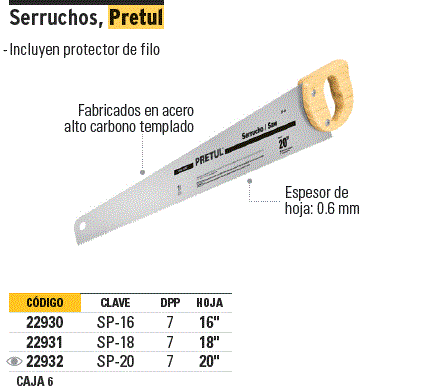 Serrucho Universal 16'' Mango Madera Pretul 22930