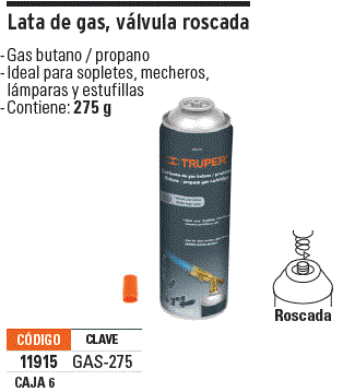 Lata de gas de 220 g válvula de 1/4 de vuelta, Truper, Latas y Cilindros De  Gas, 11920