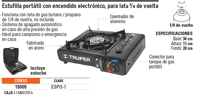 Estufilla portátil encendido electrónico. válvula 1/4