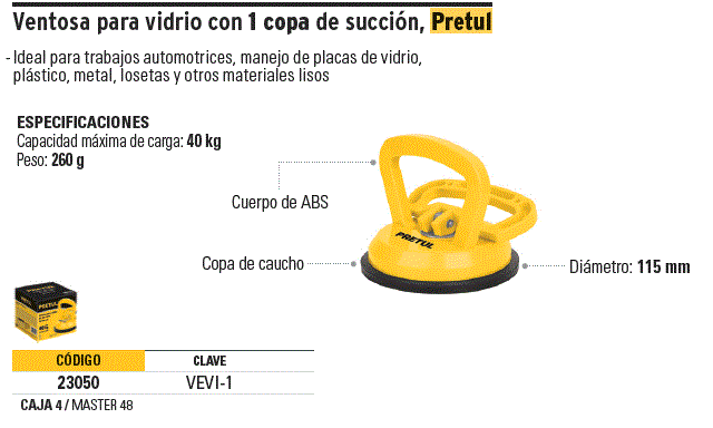 Ventosa de plástico para vidrio, 1 copa de succión, Pretul, Ventosas, 23050