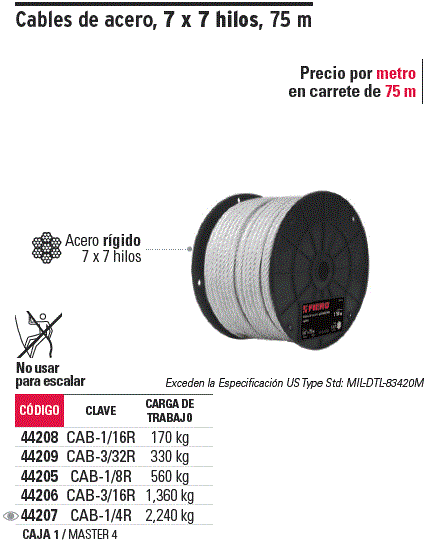 METRO DE CABLE RÍGIDO 3/16 DE ACERO 7X7 HILOS, 75 M, FIERO