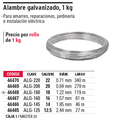 alcanzar religión Tableta 44468 / ALG-180 TRUPER Kilo de alambre galvanizado, calibre 18, Fiero