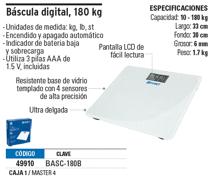 Báscula digital para baño FOSET 180 kg de capacidad Mod. BASC-180B