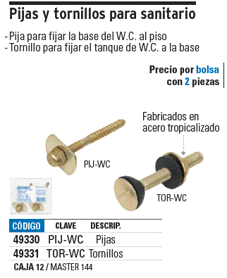 Bolsa con 2 tornillos 5/16 x 70 mm para tanque de WC a base, Pijas y  Tornillos Para Sanitario, 49331