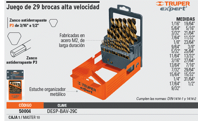 Juego de 29 brocas HSS para metal en estuche, Truper Expert, Despachadores,  50004