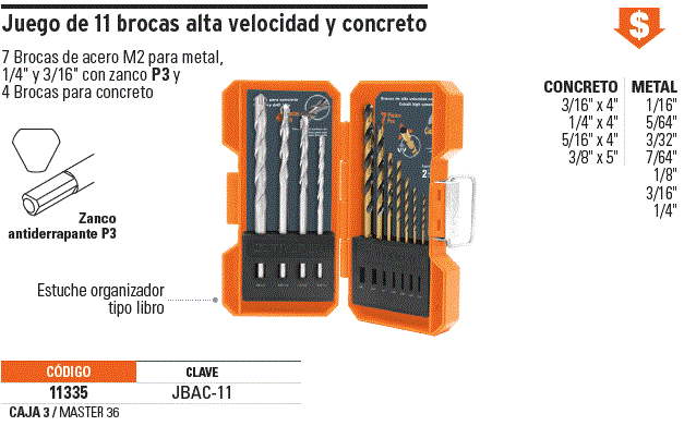 Juego de 11 brocas para metal y concreto en estuche, Truper, Juegos De  Brocas, 11335