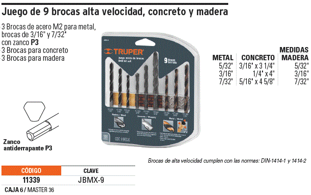 Juego de 9 brocas para metal, concreto y madera, Truper JBMX-9 11339 –  Mundo Constructor