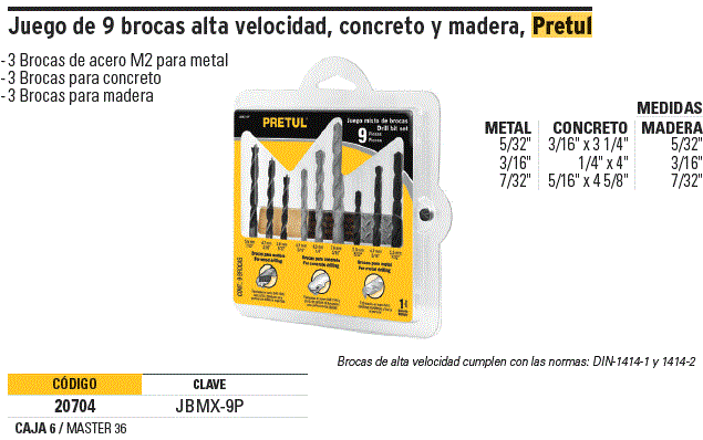 Juego de 9 brocas para metal concreto y madera Truper