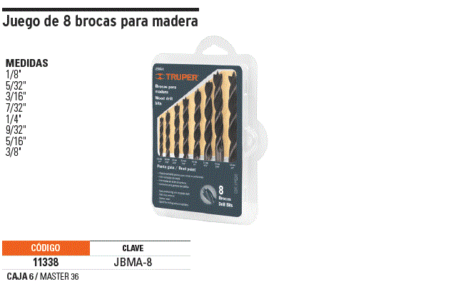 Juego de 8 brocas con punta centradora para madera, Truper, Juegos