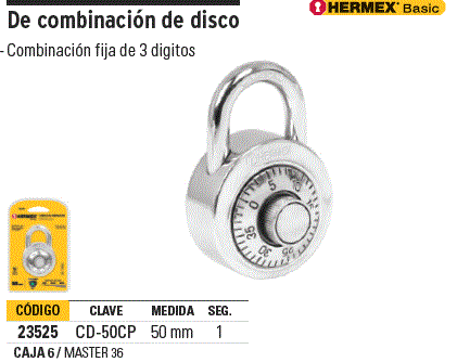 Candado de combinación de disco Hermex 23525 » Distribuidor Truper
