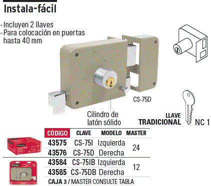 Cerradura sobreponer derecha instala-fácil Hermex