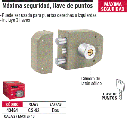 Cerradura de sobreponer 2 barras instala-fácil, llave puntos