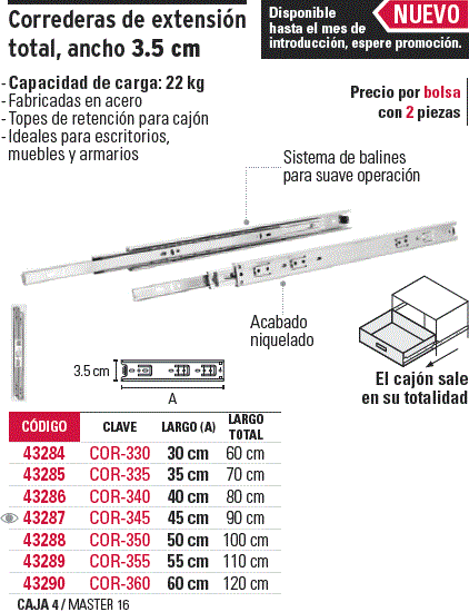 Cajón telescópico ancho, 45 cm, 35 kg, par