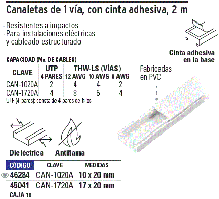 46284 / CAN-1020A TRUPER Canaleta de 1 vía 10 x 20 mm, con adhesivo,  Volteck ,SOLO ENVIO LOCAL EN AREA METROPOLITANA DE MONTERREY