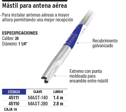 45110 / MAST-280 TRUPER Mástil de 2.8 m para antena aérea, Volteck