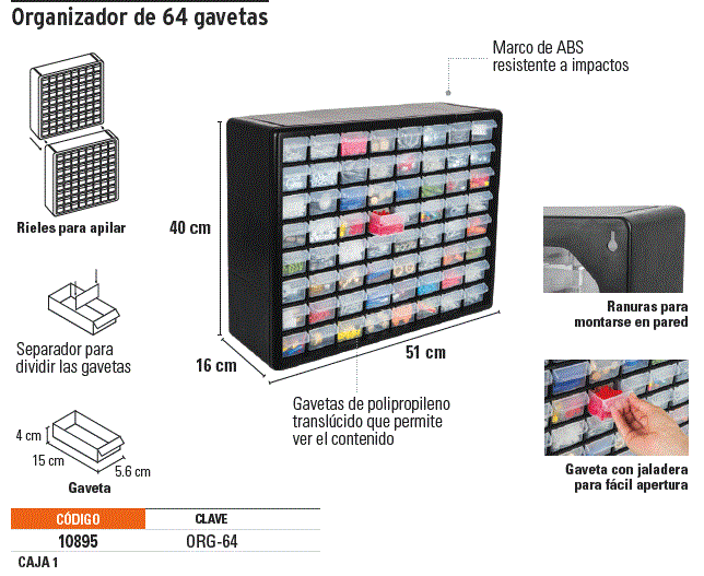 Organizador con 64 gavetas compartimientos Truper – Arca Electrónica