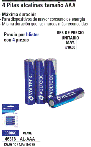 Blíster con 4 pilas alcalinas tamaño AAA, Volteck, Pilas Alcalinas, 46316