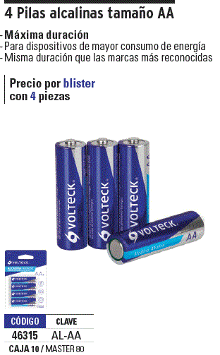 Blíster con 4 pilas alcalinas tamaño AA, Volteck, Pilas Alcalinas, 46315