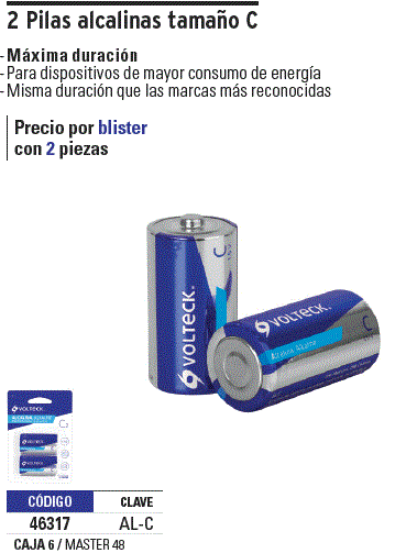 Blíster con 2 pilas alcalinas tamaño D, Volteck, Pilas Alcalinas, 46318