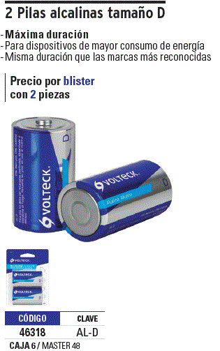 Blíster con 2 pilas alcalinas tamaño D, Volteck, Pilas Alcalinas, 46318