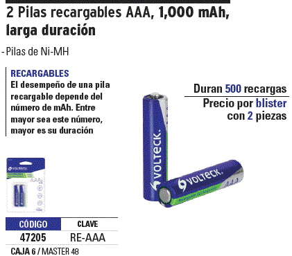 Blíster con 2 pilas AAA recargables larga duración, 1000 mAh, Pilas  Recargables, 47205