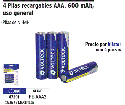 Pack con 4 pilas recargables AAA Niquel-Metal