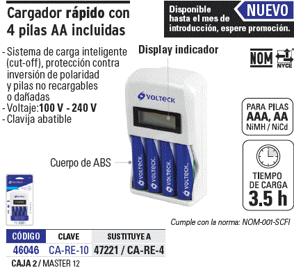 CARGADOR DE PILAS AA,AAA INCLUYE 4 PILAS AA CA-RE-10 –