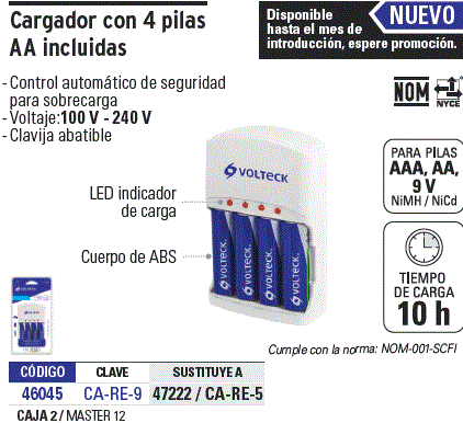 46045 / CA-RE-9 TRUPER Cargador de pilas, AA, AAA y 9V, incluye 4 pilas AA,  Volteck