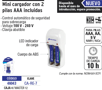 Cargador de pilas, AA, AAA, incluye 4 pilas AA, Volteck