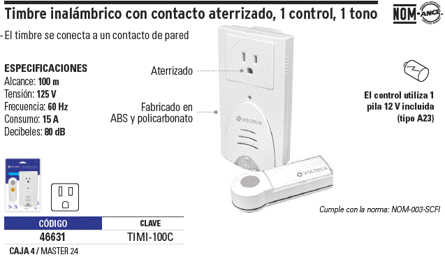 Timbre inalámbrico con receptor para enchufar, 1 tono, Timbres, 46631