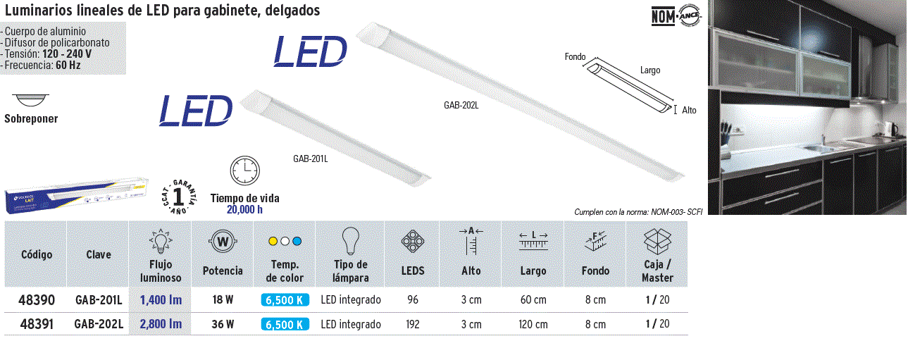 48390 / GAB-201L TRUPER Volteck - Luminario para gabinete, slim, 18 W, LED