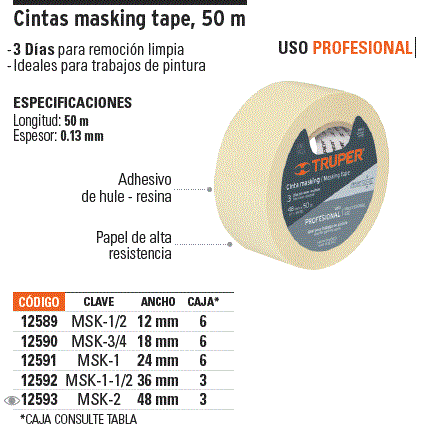 TRUPER MSK-1/2 Cintas de enmascarar de uso general de 164 pies, ancho 1/2  (12 mm)