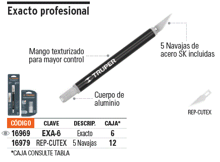 Exacto 6 profesional con 5 cuchillas de acero SK5, Truper, Exactos, 16969