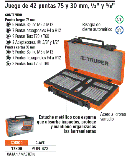 17809 / PUN-42X TRUPER Juego 42 puntas 1/2' y 3/8' de 75 y 30 mm estuche  metálico