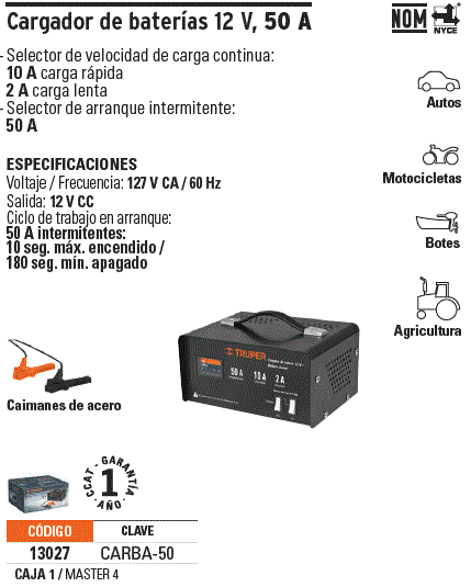 CARGADOR DE BATERIAS TRUPER 13027, 50 A, 12 VOLTIOS